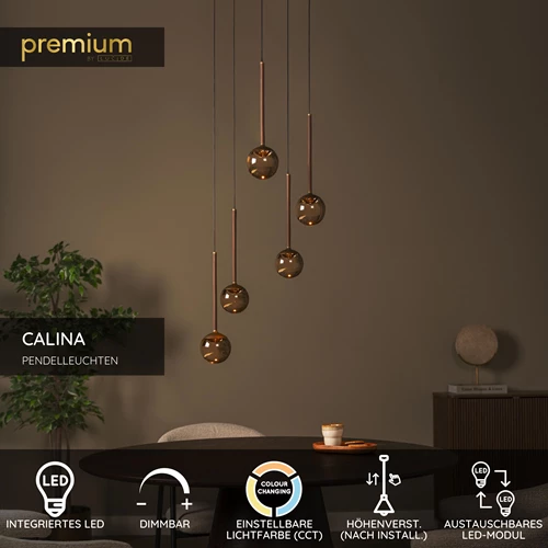 Lucide CALINA - Pendelleuchten - Ø 41,9 cm - LED Dim. - CCT - 5x8,4W 2200K/3300K - Mit austauschbarem LED-Modul - Amber - Premium - USP
